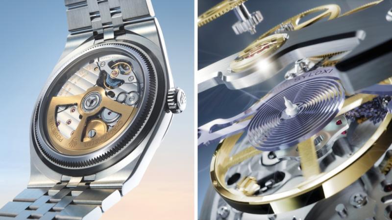 Rolex Caliber 7135 visible through the Land-Dweller's transparent case back and (right) the oscillator