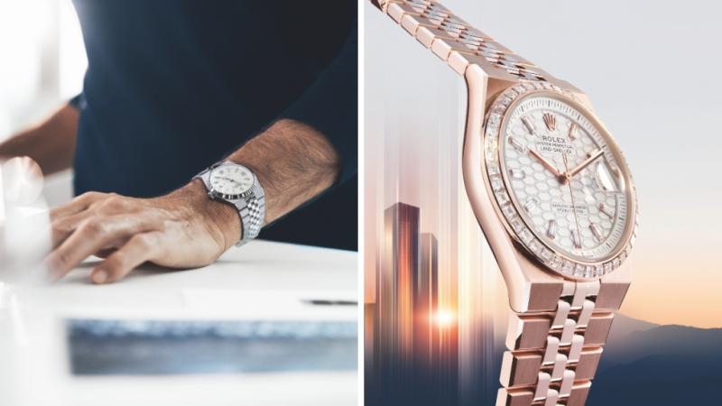 Roger Federer wearing a Rolex Land-Dweller 40 in a white Rolesor and (right) the Land-Dweller 36, 18 ct Everose gold