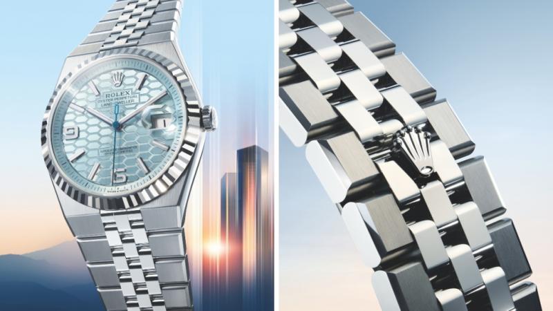 Rolex Land-Dweller 40 in platinum and (right) the Flat Jubilee bracelet with from the Land-Dweller 40 white Rolesor