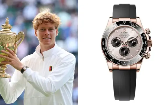扬尼克·辛纳佩戴劳力士迪通拿举起温布尔登冠军奖杯