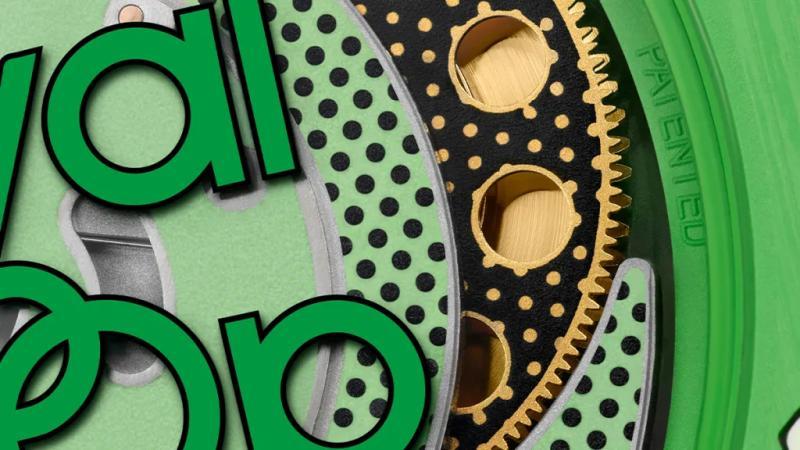 A closeup of the Green Eight caseback